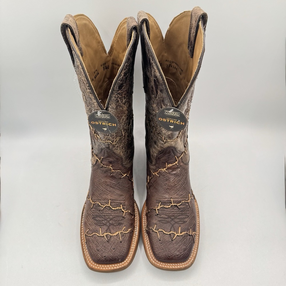 Corral Exotic Ostrich Barbed Wire Boots Men's Size 8.5 D Brown Leather Genuine - Picture 12 of 16